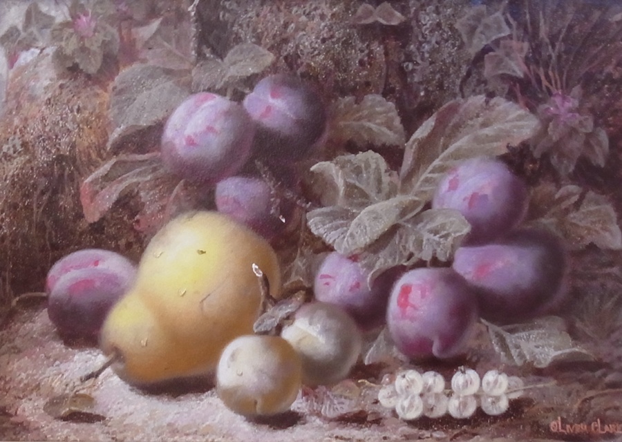 Oil on board
Oliver Clare (1853-1927)
Still-life study of pear and plums, signed, 20cm x 29cm