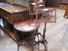 Two mahogany music stands, together with an Edwardian circular top occasional table (3)