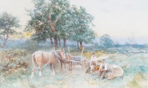 Watercolour drawing
David Bates (1840/41-1921)
Farm worker seated on log with horses and cart, 33