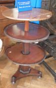 A 19th century mahogany three-tier adjustable dumb waiter, each tier circular, on concave triangular