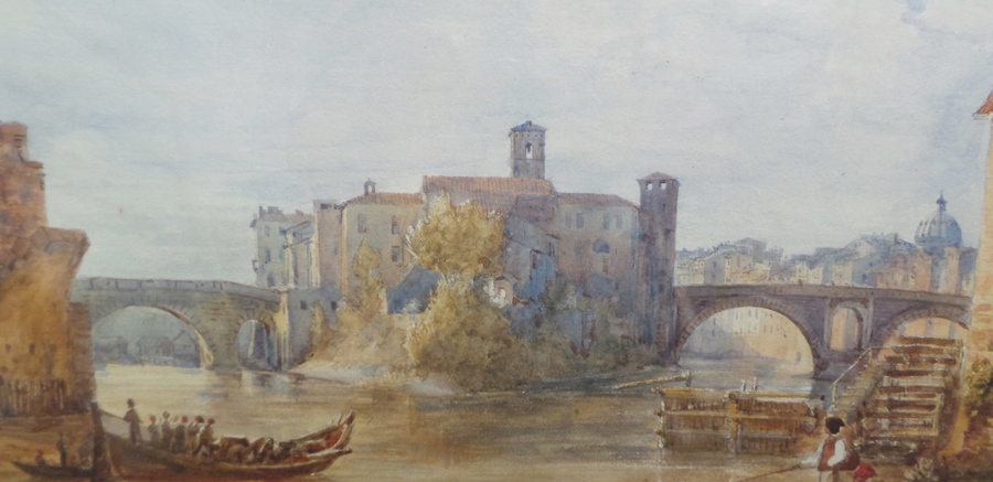 Watercolour drawing
Manner of William Callow
"Isle of the Tiber" - Roman river landscape showing the