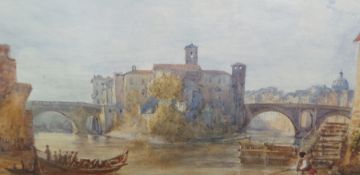 Watercolour drawing
Manner of William Callow
"Isle of the Tiber" - Roman river landscape showing the