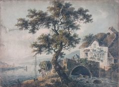 Watercolour drawing
Dominic Serris 1798 (attributed)
Rural scene of figures on bridge with