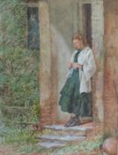 Watercolour drawing
Frederick Thomas Underhill (c.1847-1897) 
Cottage scene with young girl standing