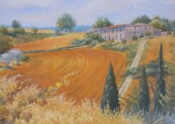 Watercolour drawing 
Jean Beddow 
Tuscany, signed, 25cm x 35cm together with 
Figures beside country