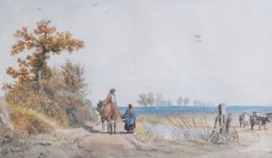 Watercolour drawing
Manner of Paul Sandby
Horse and figures on a path by lake, 20 x 34