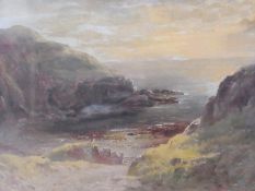 Oil on board
William Davies (c.1890-fl. c.1910)
"Near Anglesey" Coastal scene at sunset having