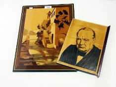 Two marquetry wood pictures including one of Winston Churchill and a watercolour drawing, figures at