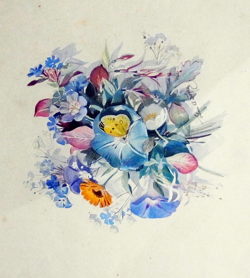 Watercolour drawing
Eileen A Soper (1905-1990) 
Still life, spray of flowers with butterfly, signed,