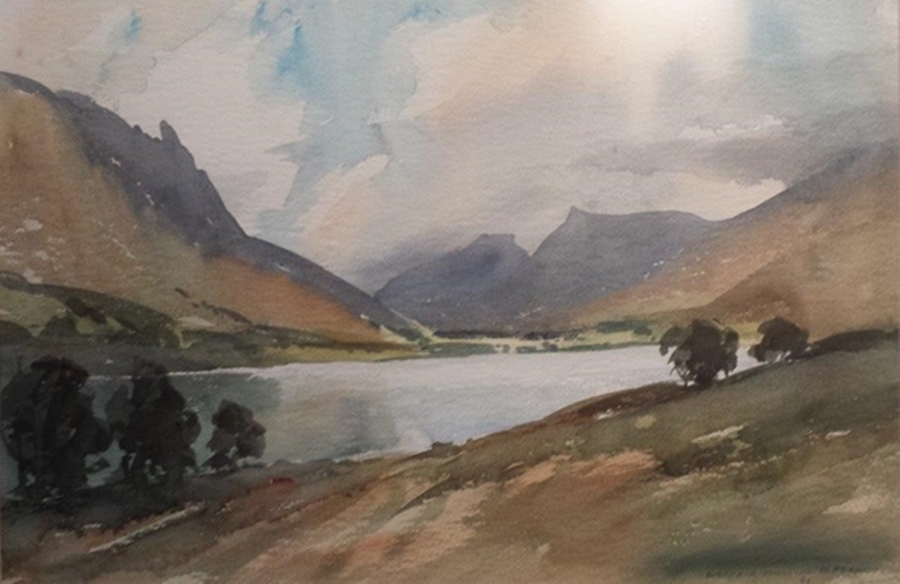 Watercolour drawing
Aubrey Phillips (.1920)
Lakeland landscape scene - Tallylyn Lake, Snowdonia,