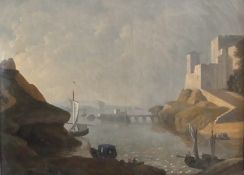 Oil on canvas
European School 
Estuary landscape scene of Italian style, having figures in the