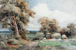 Watercolour drawing
John Bates Noel (1870-1927)
Haymaking with figures threshing, horses and cart,