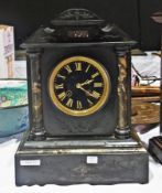 A Victorian black slate and marble mantle clock, in architectural-style case with marble split