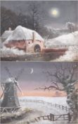 Pair of oils on board
Early 20th century, monogrammed
Watermill in winter with full moon dated '