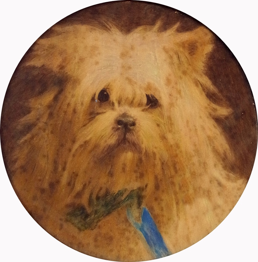 Watercolour drawing
Late 19th century/early 20th century school
White longhaired terrier with blue