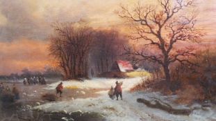 Oil on canvas
H Van Herle
Dutch winter river landscape scene at twilight with figures collecting