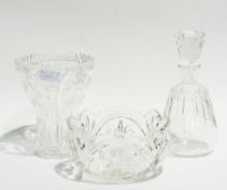 Cut glass vase, tapered at base, Baccarat French cut glass decanter and stopper, cross and slice-