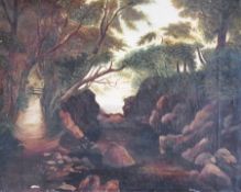 Oil on canvas
19th century school
Rocky river landscape with path, unframed, bearing initials to