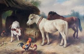 Oil on canvas
Walter Hunt (1861-1941)
Farmyard scene with ponies, calf and chickens, signed and