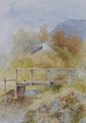 Watercolour drawing
After Myles Birkett Foster 
Wooden bridge, in landscape, monogrammed, 18cm x