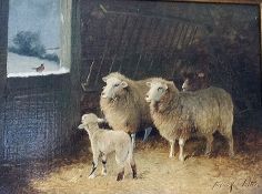 Oil on board
Frederick K E Valter (1860-c.1930)
Sheep and lamb in stable with robin on snowy