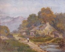 Oil on canvas
19th century school
Cottage scene with man driving, sheep in foreground and hills in