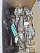 A quantity of silver plated table flatware, Fiddle pattern together with blue-handled butter knives,