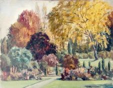 Oil on board
Maurice Codner 
Autumnal garden scene, entitled on reverse "Thameside Garden in