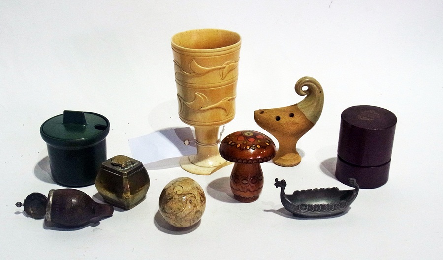 Various items including an old ivory chalice, a medicine glass in morocco leather case, polished