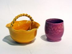Wemyss yellow glazed pottery bowl with rope-twist handle and Wemyss pink glazed small barrel-