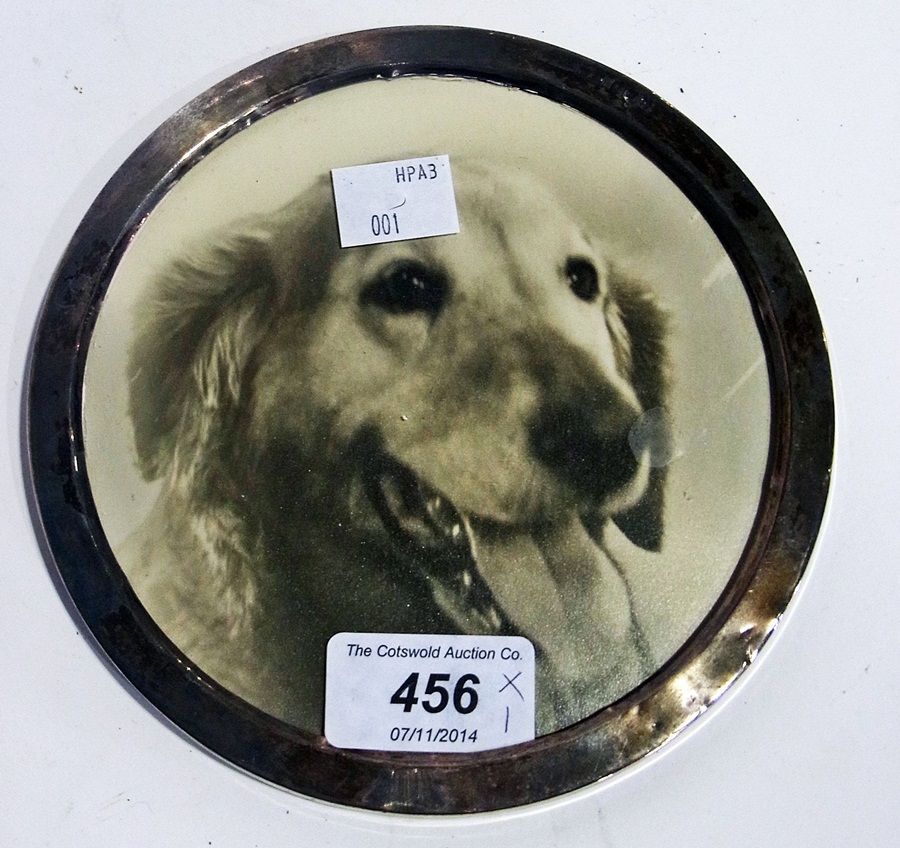 Circular silver frame with dog picture