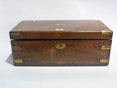 Nineteenth century rosewood writing box with brass cap corners and fitted interior with flush