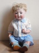 A J D Kestner bisque-head impressed "JDK211" boy doll, sleeping blue eyes, moulded open mouth,