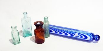 Nailsea blue and clear glass rolling pin and a quantity of old bottles