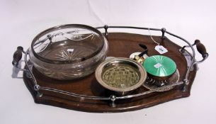 A silver rimmed cut glass bowl, Chester 1912 together with enamel-topped dressing table jar, lady'