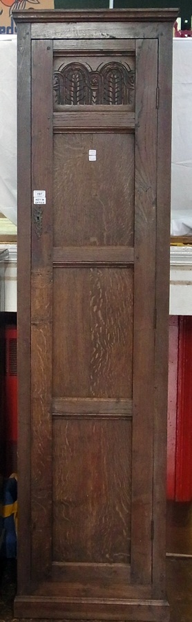 Oak hanging narrow cupboard having framed panelled sides and door, stylised foliate arch carved to