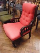 Victorian mahogany drawing room chair having scroll button back with moulded uprights, scroll arms