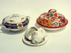 19th century Staffordshire pottery tureen, shell pattern, transfer printed and handpainted