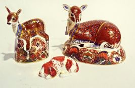 Royal Crown Derby collectors guild china paperweight of seated deer, another "fawn" and another "