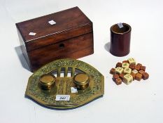 A Continental Art Nouveau brass inkstand, together with a mahogany tea caddy, two trinket drawers,