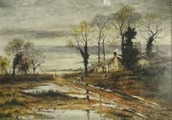 Oil on board 
H Heeley 
Wintry rustic landscape with marshland, figures and cottages, signed, 41cm x