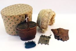 A French doll's velvet bonnet, boxed, pair of doll's kid gloves, two purses and a basket