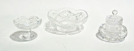 Cut glass shallow bowl with serrated edge, similar small pedestal bowl, covered canister and three