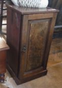 Early 20th century burr walnut pot cupboard with panel door enclosing shelving space, on plinth