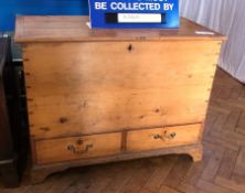 19th century pine mule chest having two drawers with brass swan-neck handles to the base, on bracket