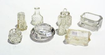 Quantity pressed glass salts, decanters, stoppers and other glass items