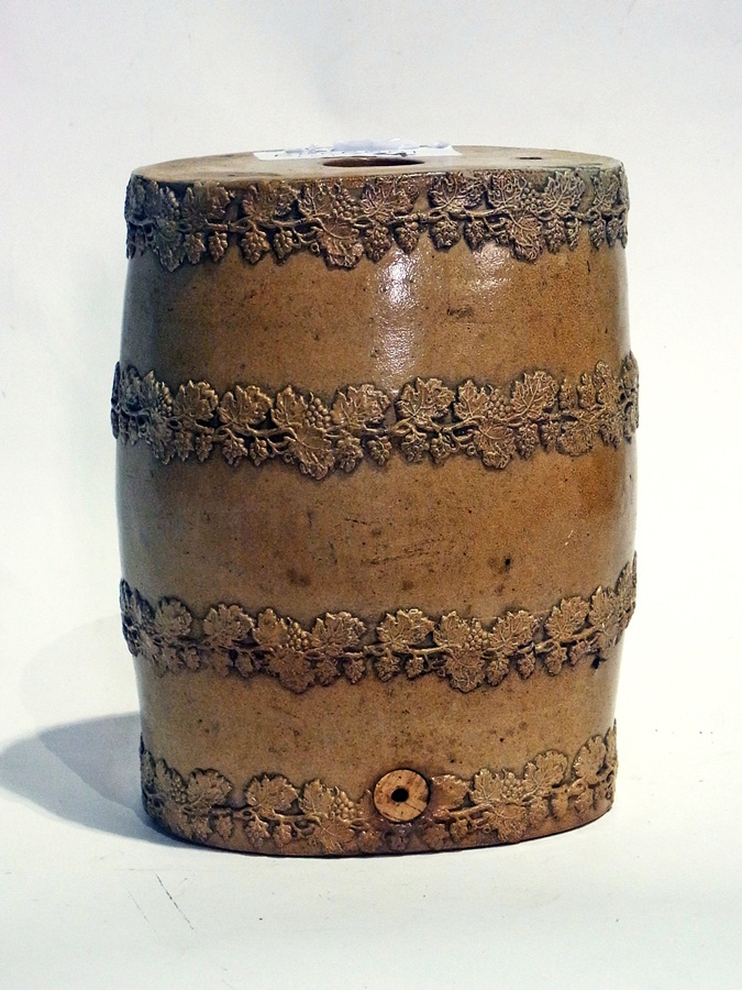 R B Williams Lambeth pottery stoneware spirit barrel decorated with rows of fruiting vines,