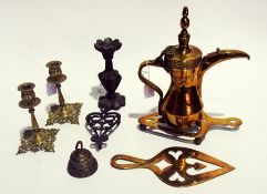 Small collection of sundry brassware to include:- candlesticks, coffee pot, pen case sets, etc.