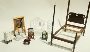 A quantity of doll's house furniture to include bureau bookcase, wirework garden furniture,