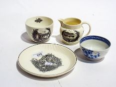 Wedgwood pottery Rex Whistler design tea plate, Clovelly cream jug and sugar basin and 18th